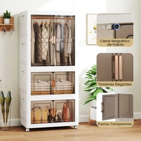 Caixas de arrumação dobráveis 421 L  71 x 46 x 156 cm com tampa de plástico portátil com 10 ganchos 2 Rodas Branco + Castanho
