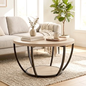 Mesa de Centro Redonda para Sala com Prateleira e Estrutura Metálica 80x80x43,8 cm Carvalho