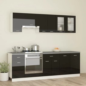 vidaXL 8pcs conjunto de armários de cozinha c/ bancada preto brilhante