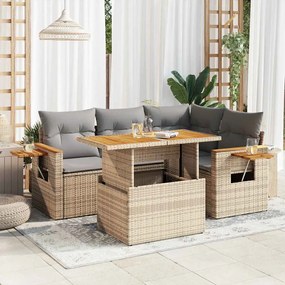 5 pcs conj. sofás p/ jardim c/ almofadões vime PE/acácia bege