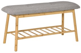 HOMCOM Banco Sapateiro Moderno Móvel de Entrada de Bambú com Assento Acolchoado e Prateleira para Sapatos Entrada Corredor 90x34x44cm Cor Natural e Cinza
