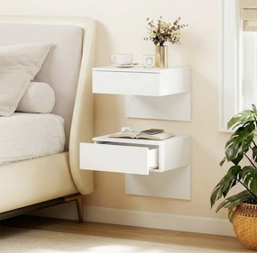Conjunto de 2 Mesas de Cabeceira Suspensas com Gaveta para Fixar na Parede para Quarto 40x35x36,2 cm Branco Brilhante