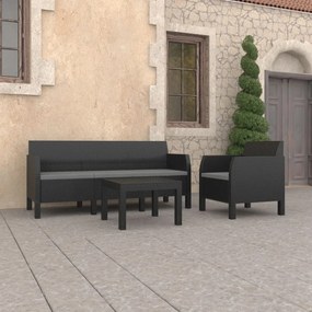 vidaXL 3 pcs conjunto lounge jardim com almofadões vime PP antracite