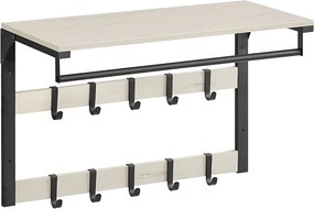 Cabide de parede VASAGLE, prateleira de parede com 10 ganchos removíveis, varão para roupas, ganchos para casacos com prateleira, para entrada, quarto, banheiro, branco rústico e preto-tinta LCR101W03