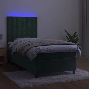 Cama box spring c/ colchão/LED 90x200 cm veludo verde-escuro