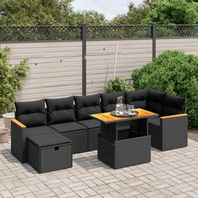 8 pcs conjunto sofás de jardim com almofadões vime PE preto
