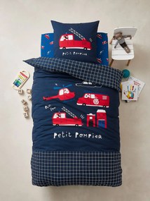 Conjunto capa de edredon + fronha de almofada, para criança, tema Petit Pompier azul escuro liso com motivo
