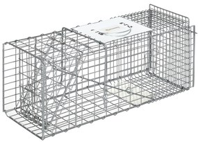 Armadilha para Animais Vivos Dobrável 66x24x30,5 cm Gaiola de Captura com Porta e Alça para Coelhos Roedores Prata