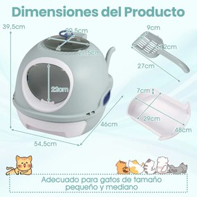 Caixa de areia fechada para gatos com entrada frontal e superior, inclui pá e bandeja para gatos até 10 kg, cinza
