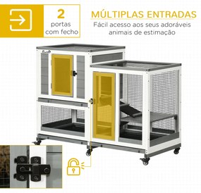 Coelheira de Madeira Interior Gaiola para Coelhos de 2 Níveis com Rodas 2 Rampas 3 Bandejas Amovíveis 110x50x86 cm Cinza