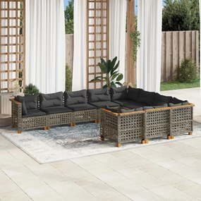 10 pcs conjunto sofás de jardim c/ almofadões vime PE cinzento