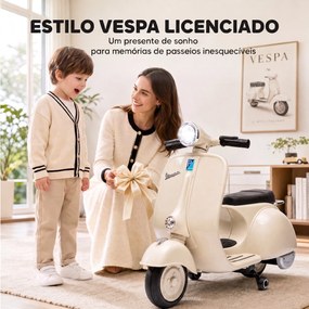 Mota Elétrica Infantil VESPA com Arranque Suave Rodinhas Luz Música e USB Bege