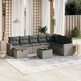 9 pcs conjunto sofás p/ jardim com almofadões vime PE cinzento