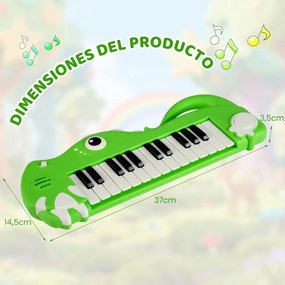 Piano infantil de 25 teclas em forma de dinossauro com música e luzes integradas para maiores de 3 anos Verde