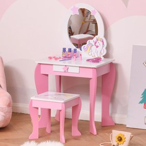 Toucador infantil com design de unicórnio - com Banco incluído 49 x 34 x 90 cm - gaveta, espelho - MDF - rosa e branco