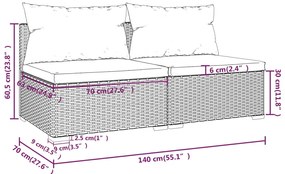 2 pcs conjunto lounge de jardim c/ almofadões vime PE castanho