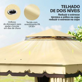 Pérgola de Jardim 3,7x3 m com Teto Duplo 4 Cortinas e Mosquiteira Estrutura em Aço Orifícios de Drenagem UV30+ Bege