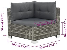 10 pcs conjunto lounge de jardim c/ almofadões vime PE cinzento
