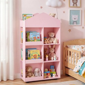 Estante infantil de madeira com 64 x 30 x 116 cm, em forma de casinha para bonecas, com compartimentos, para quarto de bebé, Rosa