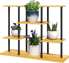 Suporte para plantas de interior com 6 prateleiras, estrutura em aço e base em madeira maciça, 80 x 24 x 61,5 cm, madeira natural