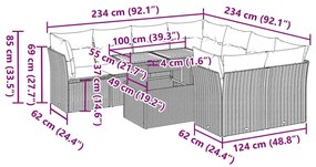 9 pcs conjunto sofás p/ jardim com almofadões vime PE cinzento