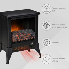 Lareira Elétrica Portátil 1800-2000W Simulação de Chama Termostato Ajustável e Proteção de Superaquecimento para Salas de até 30m² 37x22,8x45,8cm Pret