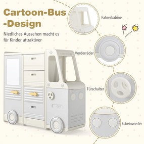 Estante para brinquedos em forma de autocarro para crianças com quadro branco, 4 gavetas e armários, 111 x 34 x 94 cm Bege + Cinza