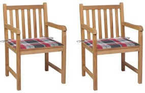 vidaXL Cadeiras jardim c/ almofadões xadrez vermelho 2 pcs teca maciça