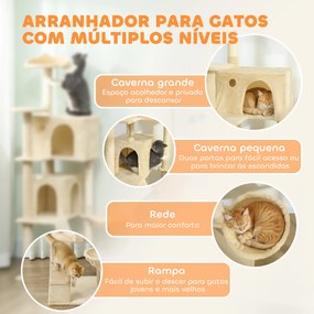 Arranhador para Gatos com Múltiplas Plataformas Cama 2 Cavernas Rede Escada Postes de Sisal 48x48x160 cm Bege