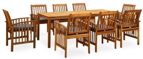 9 pcs conjunto de jantar p/ jardim c/ almofadões acácia maciça