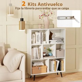 Estante de 3 níveis com 7 cubos, 4 pés de metal e dispositivo anti-capotamento para sala de estar ou escritório 80 x 24 x 107 cm branco
