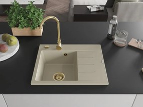 Mexen Ben lava-loiça de granito de 1 cuba com escorredor, esquerdo 600 x 500 mm, bege, sifão dourado - 6522605000-69-G