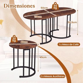Conjunto de 3 Mesas de centro, Design Empilhável, Castanho+Preto