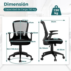 Cadeira de escritório ergonómica em malha com encosto ajustável e braços rebatíveis para escritório 62 x 54 x 94-104 cm Preto