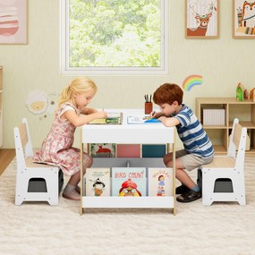 Conjunto de mesa e cadeiras para crianças Mesa de atividades em madeira com tampo reversível Prateleiras para livros e gavetas Natural + Branco