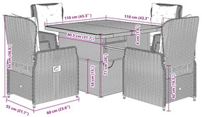 5 pcs conjunto de jantar p/ jardim com almofadões vime PE bege