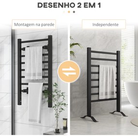 HOMCOM Toalheiro Elétrico de Parede ou Solo 150 W Aquecedor de Toalhas de Liga de Alumínio com Função de Temporizador e 8 Barras para Casa de Banho 53x35x90 cm Preto