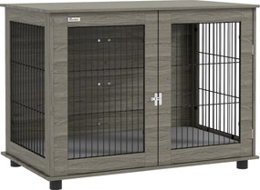 PawHut Gaiola para cão 2 em 1 mesa de apoio com almofada de pelúcia removível porta com fecho 100 x 60 x 73,5 cm cinza | Aosom Portugal