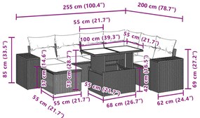 8 pcs conjunto sofás de jardim com almofadões vime PE preto