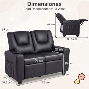 Sofá Infantil Duplo Reclinável, 96 x 51,5 x 69 cm, Espuma de Alta Densidade, Preto