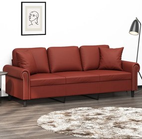 vidaXL Sofá 3 lug. c/ almofadas/almofadões couro artif. vermelho tinto
