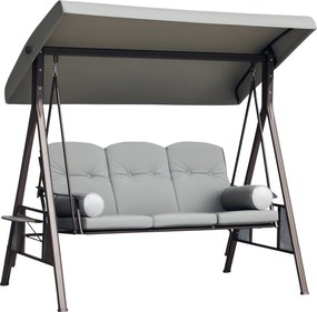 Outsunny Banco Baloiço Jardim 3 Lugares Teto Almofadas Suporte Bebidas Aço 206x116x183cm Cinza | Aosom Portugal
