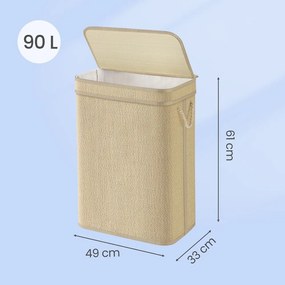 Cesto para roupa suja em bambu 90 L, saco para roupa suja removível e lavável, 49 x 33 x 61 cm natural