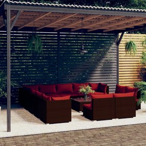 vidaXL 14 pcs conjunto lounge jardim c/ almofadões vime PE castanho