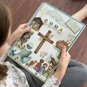 Bíblia interativa personalizada para crianças com velcro (A4) – 17 histórias bíblicas essenciais