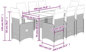 9 pcs conjunto bistrô de jardim c/ almofadões vime PE castanho