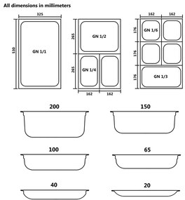 Recipientes gastronorm 4 pcs GN 1/1 65 mm aço inoxidável