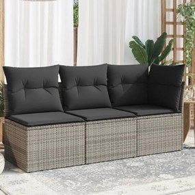 vidaXL Sofá de jardim de 3 lugares com almofadões vime PE cinzento