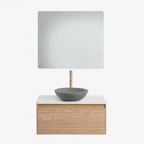 Conjunto De Móvel De Casa De Banho Suspenso Em Madeira De Freixo Tedrik Castanho Fresno & Cimento Cinzento Redondo Ø40 Cm Tarsis & Led - Sklum