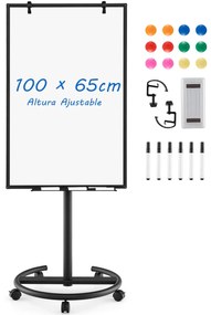 Quadro Branco Magnético Ajustável em Altura e com Rodas com Clipes de Papel e Bandeja 65 x 60 x 132-192 cm Preto